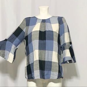 Ro & De Blouse Blue Plaid Bell 3/4 Sleeve Medium